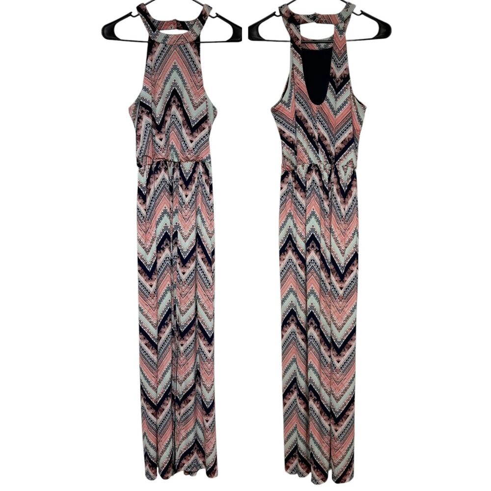 THREE PINK HEARTS High Neck Sheath Maxi Dress Pink Navy Blue Zig Zag Print XS